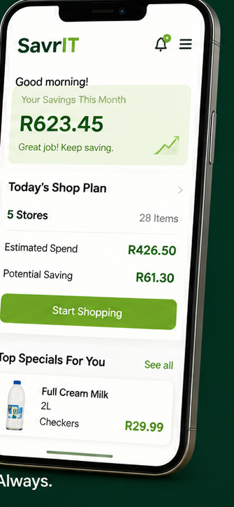 SavrIT app showing shopping list, savings, and today's specials