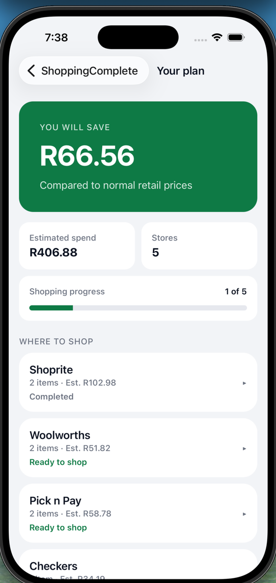 Your shopping plan, showing total savings and which stores are ready to shop