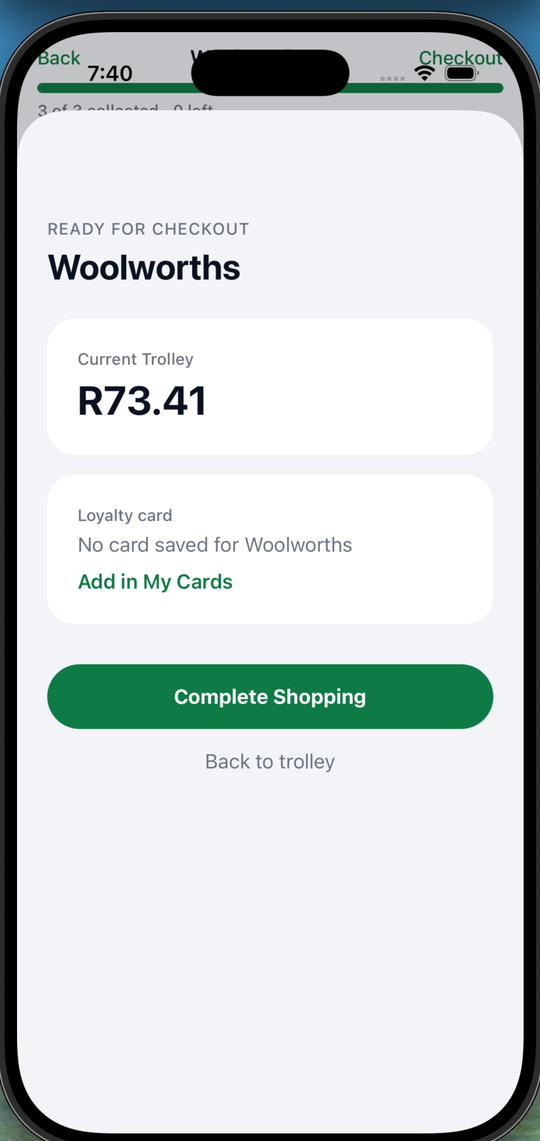 Ready for checkout, showing the trolley total and a linked loyalty card